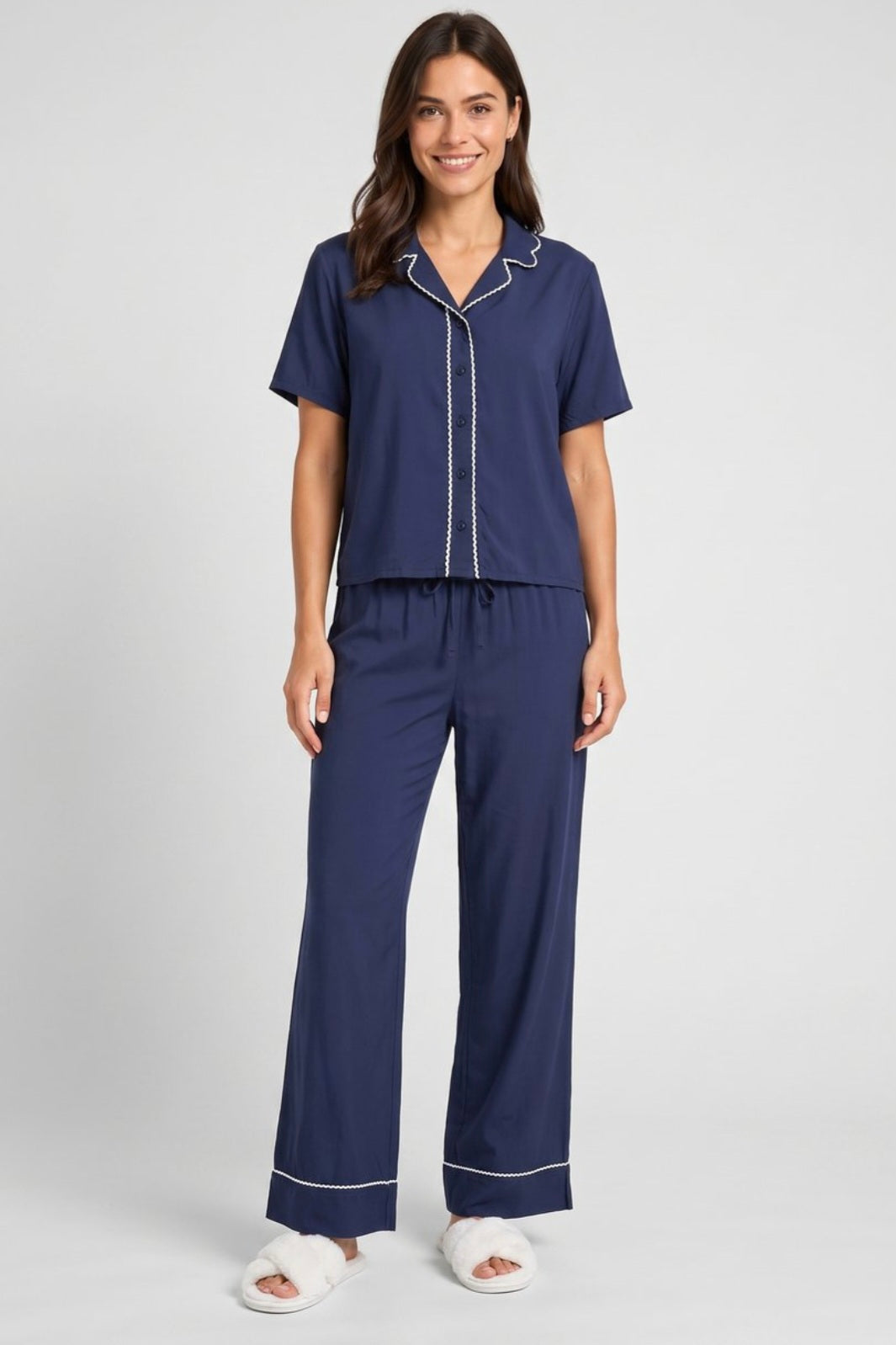Women’s Striped Cotton Long Sleeve Pajama Set - Navy Blue