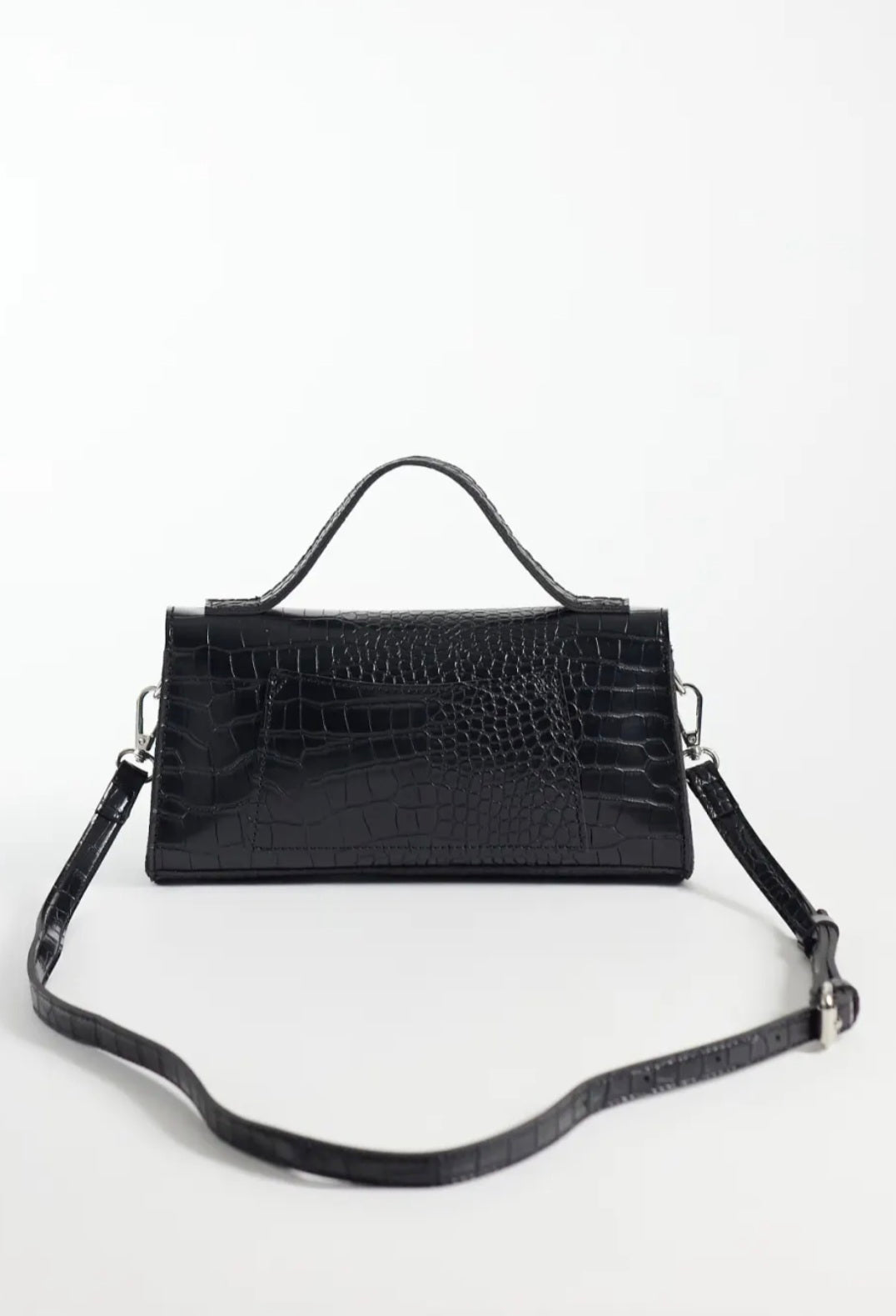 Asymmetrical Top Handle & Crossbody Bag in Black Croc