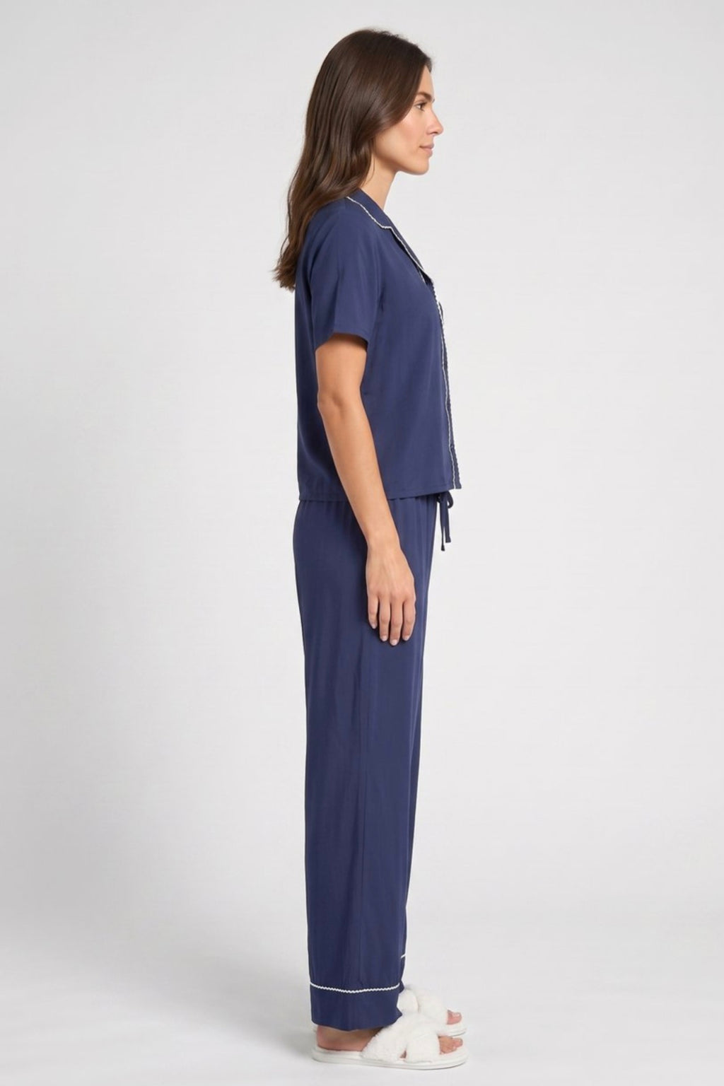 Women’s Striped Cotton Long Sleeve Pajama Set - Navy Blue