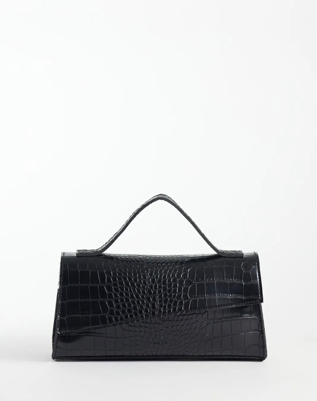 Asymmetrical Top Handle & Crossbody Bag in Black Croc