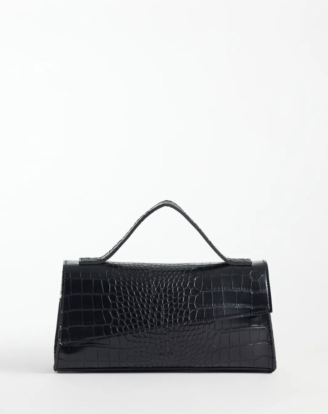 Asymmetrical Top Handle & Crossbody Bag in Black Croc