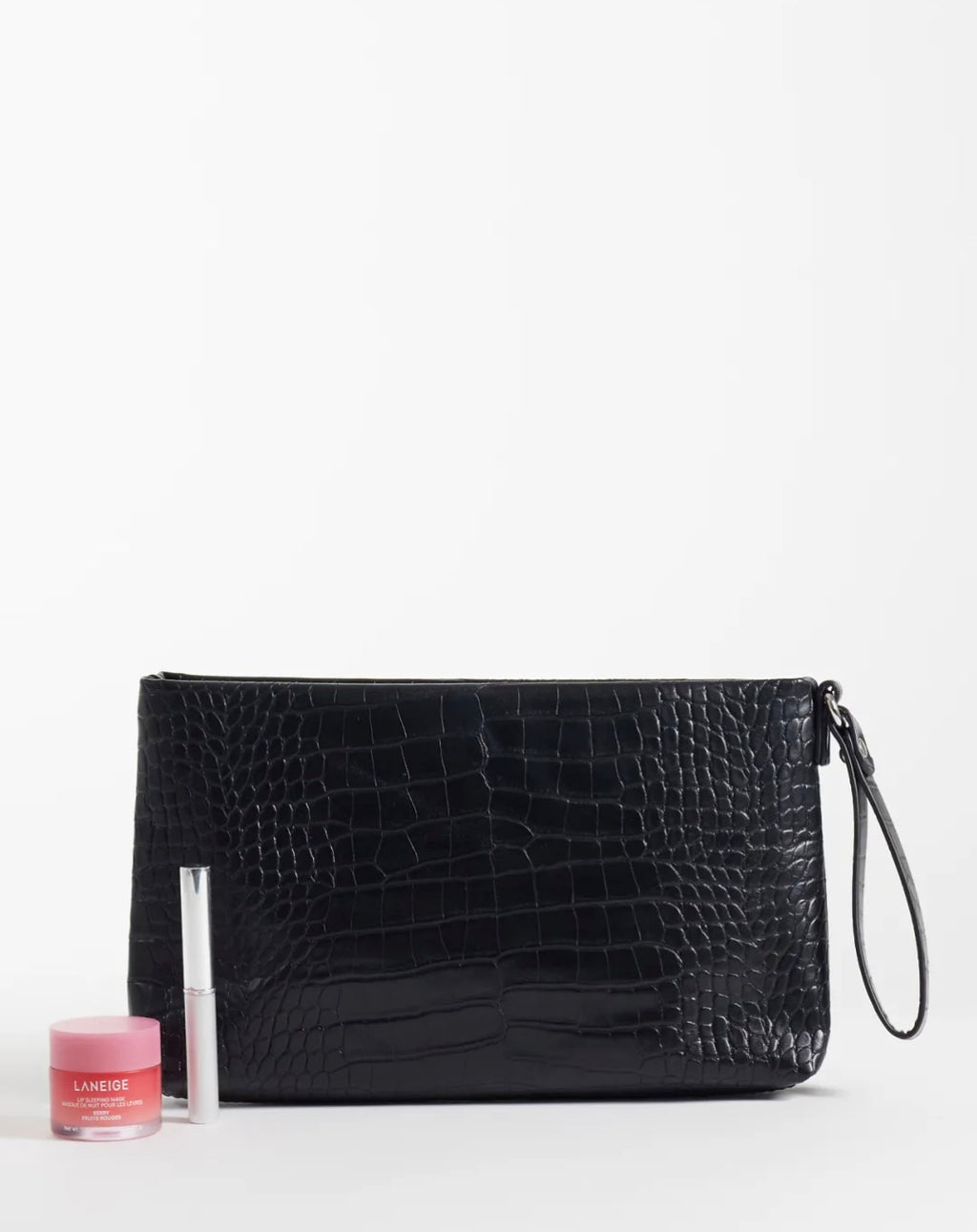 Faux Croc Envelope Clutch Bag in Black