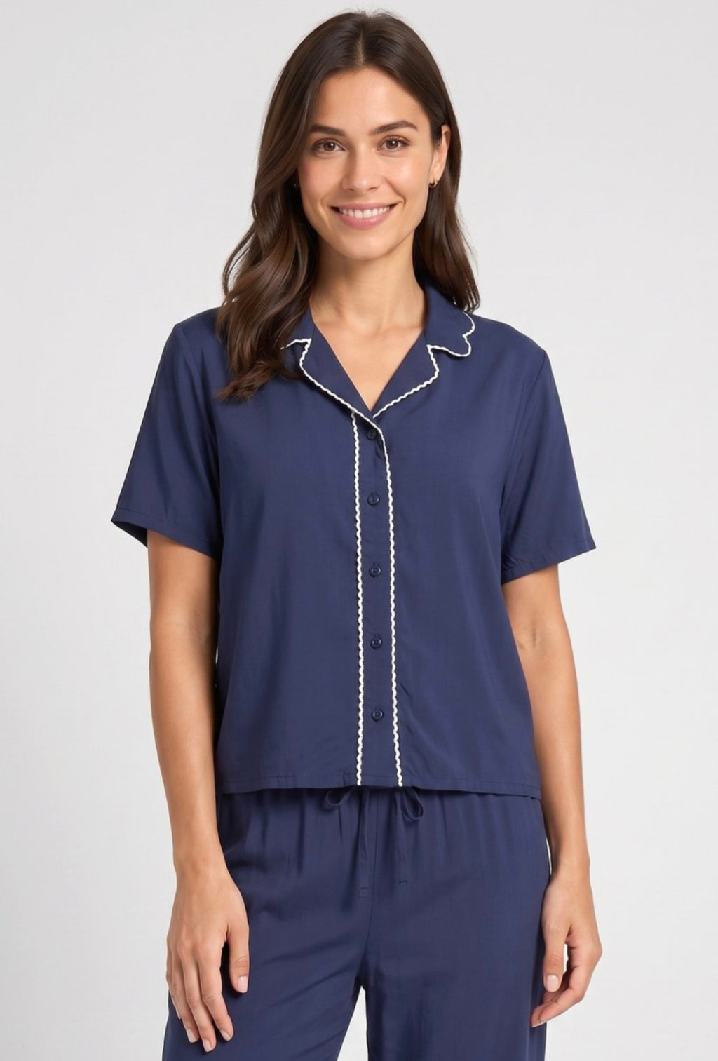 Women’s Striped Cotton Long Sleeve Pajama Set - Navy Blue